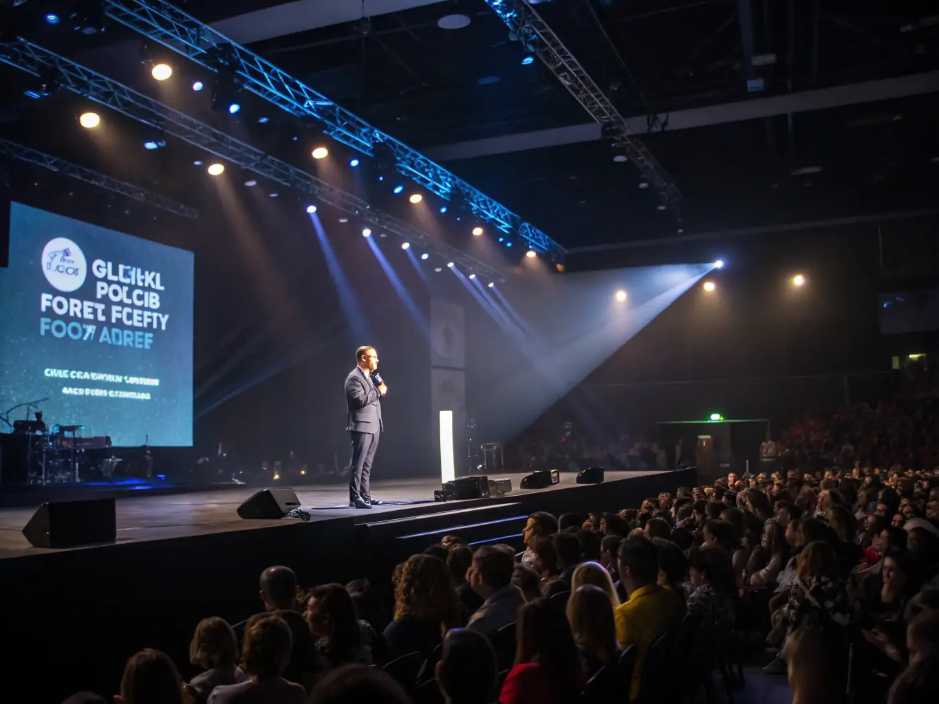 A dynamic photograph capturing a keynote speaker addressing a large audience at the Global Food Safety Conference 2022, discussing innovations in food safety education.