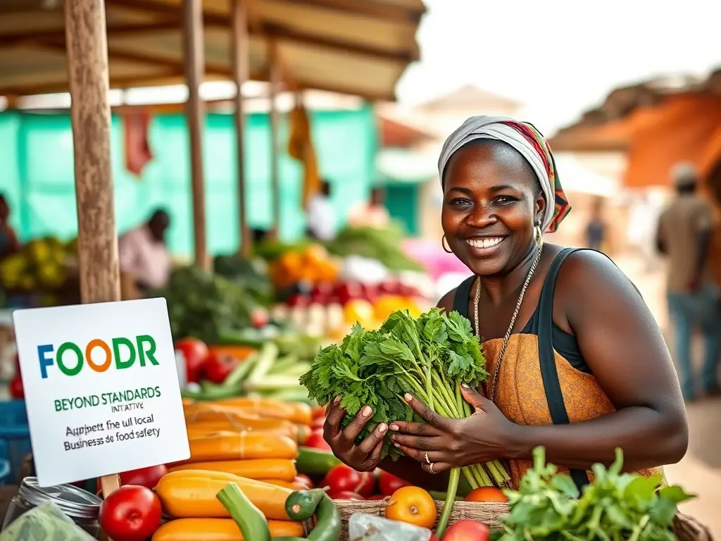 A compelling image of a small business owner in Africa displaying their produce, with FOODPRO's Beyond Standards Initiative logo subtly visible. The photo highlights the initiative's support for local businesses and its impact on food safety.