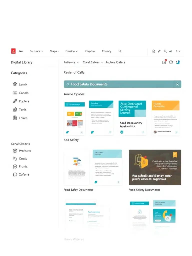 A well-organized digital library interface showcasing various food safety documents and resources, emphasizing accessibility and ease of navigation.