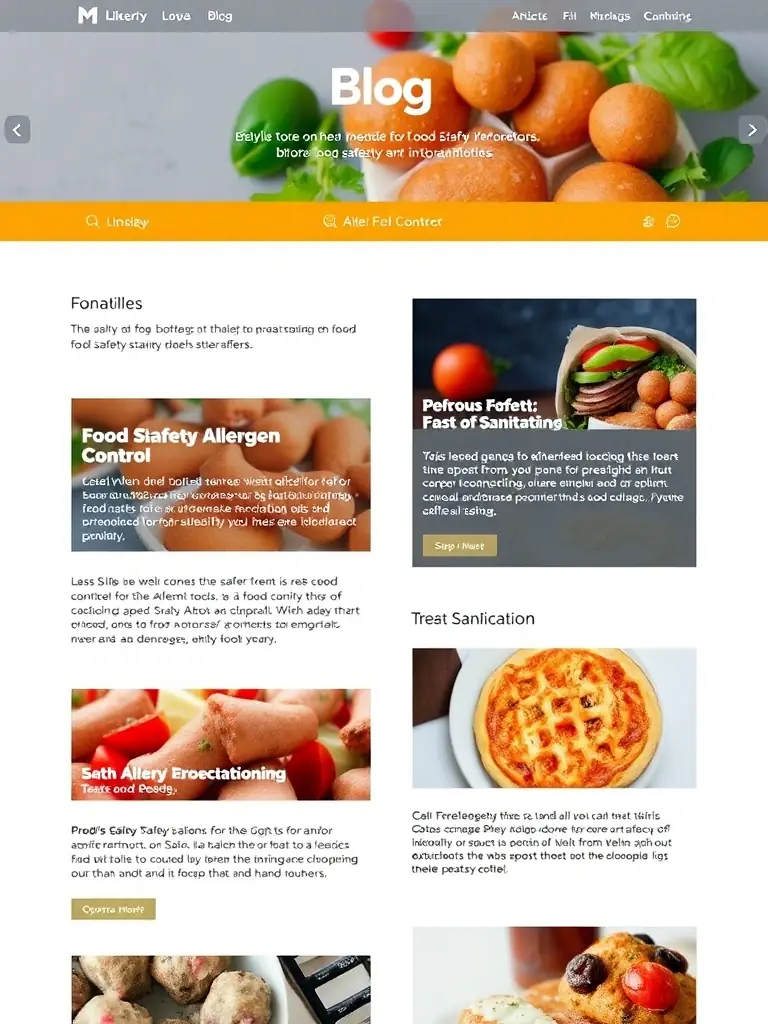 A collection of articles on food safety topics, such as allergen control, sanitation, and risk assessment, displayed in a blog-style format.