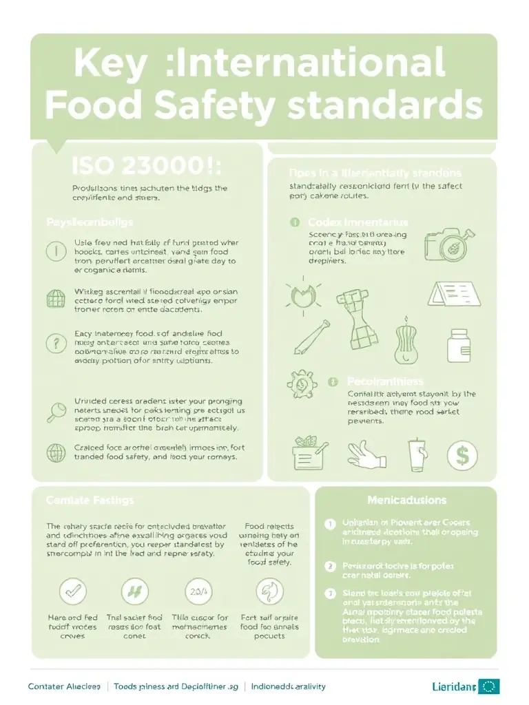 A visually appealing infographic summarizing key international food safety standards, such as ISO 22000 and Codex Alimentarius, with clear explanations.