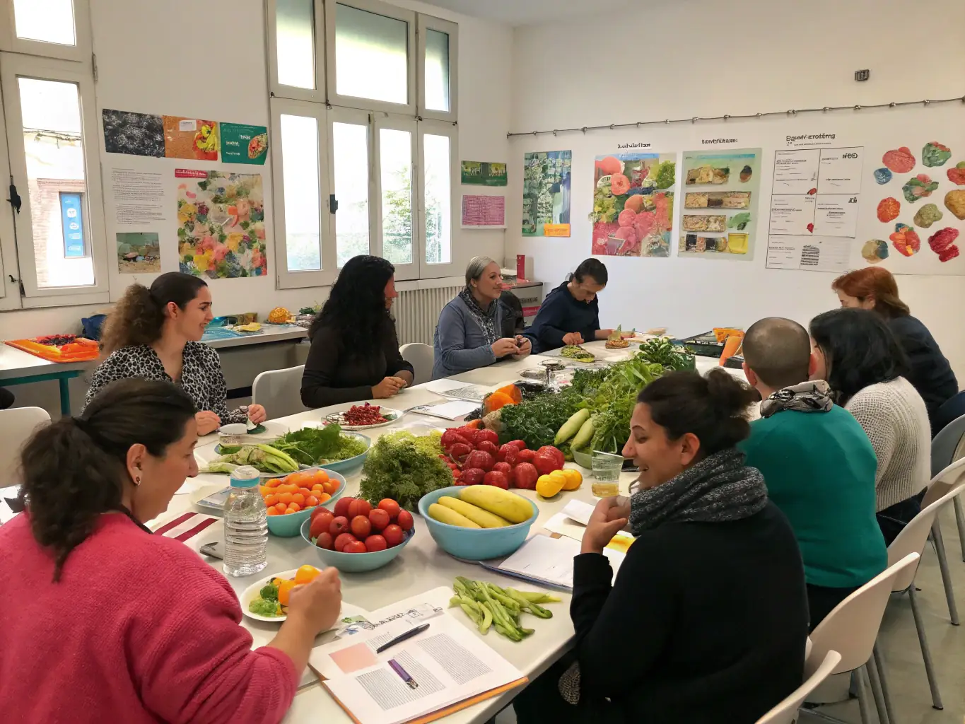 A community workshop scene, with participants actively engaged in learning about safe food handling at home.