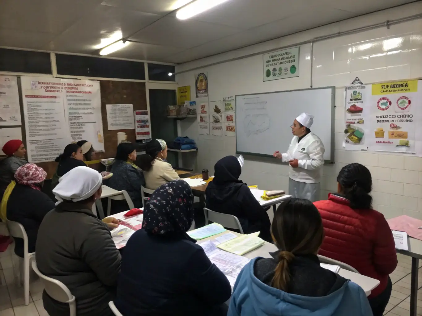 A vibrant photo showcasing a FOODPRO Academy training session in a developing country, with participants actively engaged in learning about food safety practices. The setting is a local community center, emphasizing the program's reach and impact.