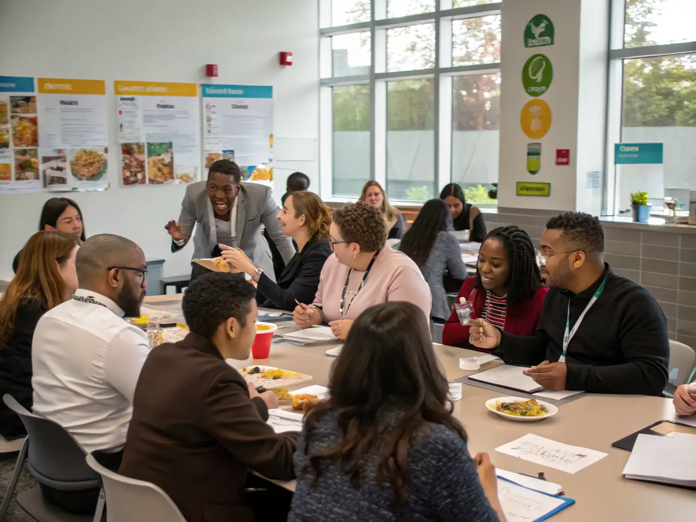 A group of young professionals participating in a FOODPRO GLOBAL FOUNDATION youth leadership program, engaged in a discussion about food safety and sustainability.