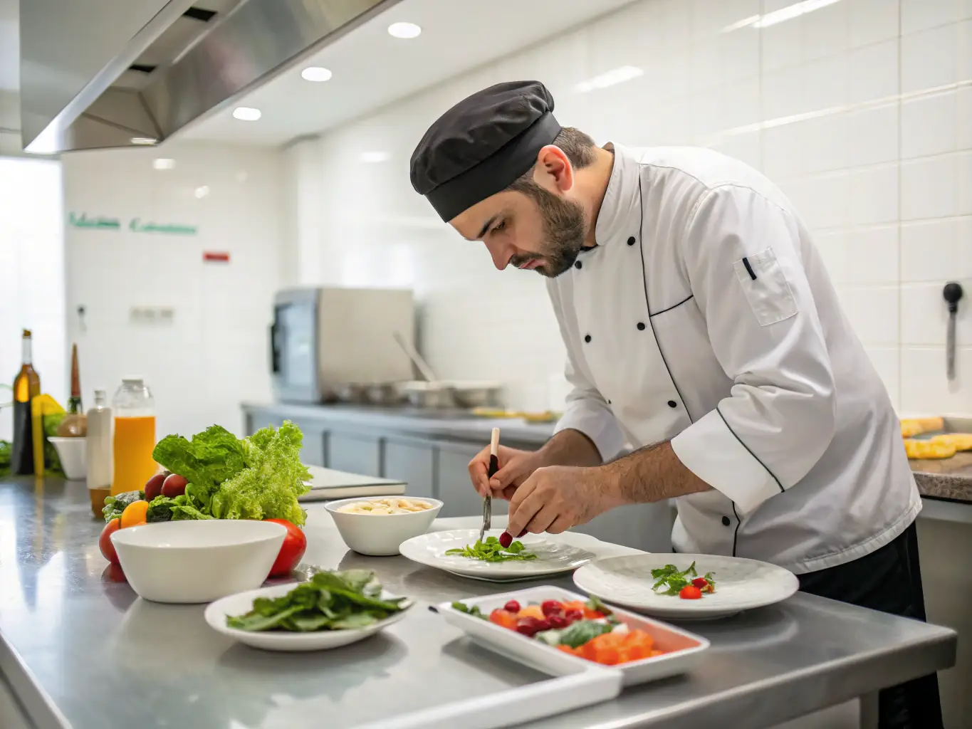 A professional chef in a modern kitchen, meticulously following food safety protocols while preparing a meal.