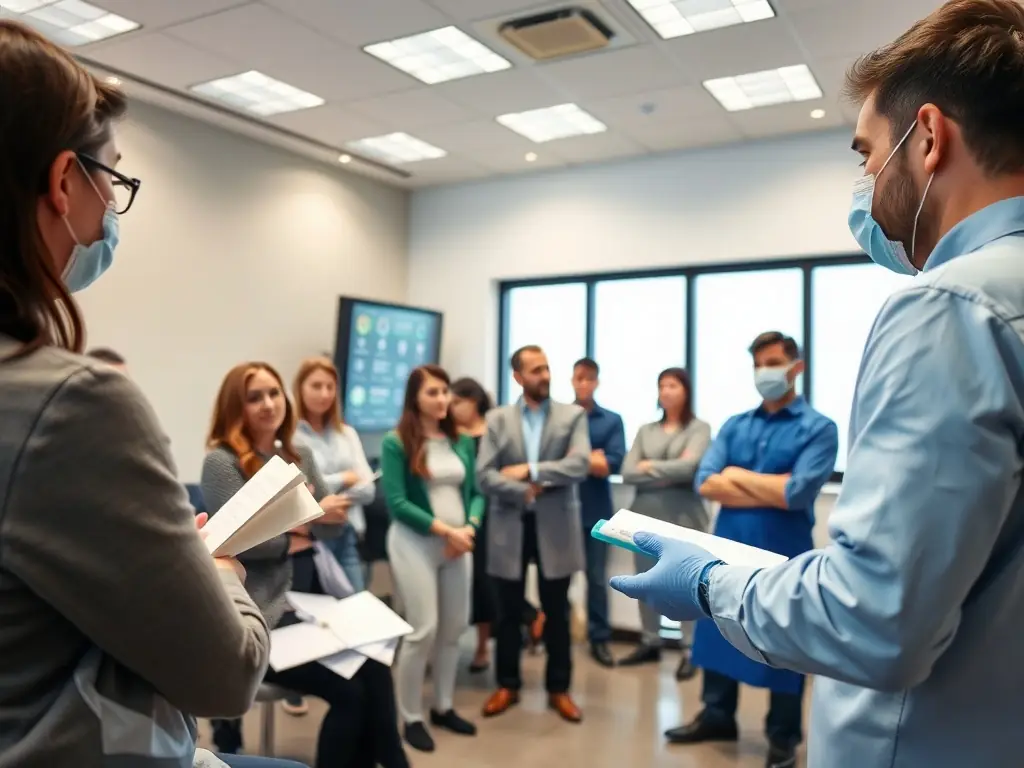 A diverse group of professionals participating in a FOODPRO Academy training session, engaging in hands-on learning about food safety standards.