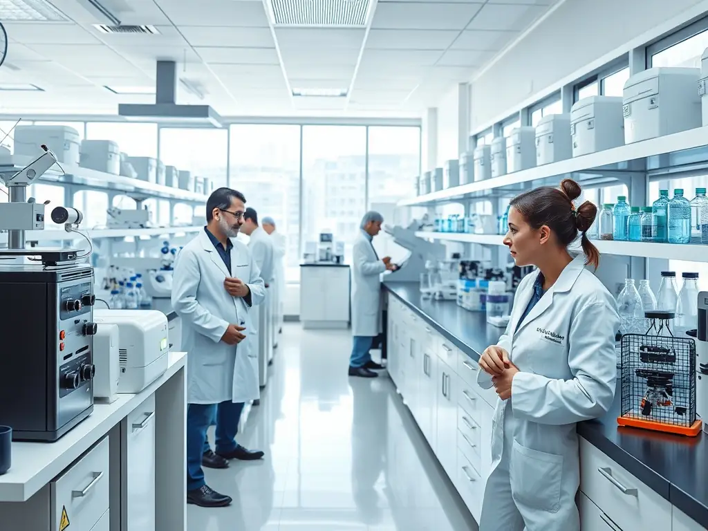 Researchers in a lab coat analyzing samples, with advanced equipment visible in the background, representing FOODPRO GLOBAL FOUNDATION's commitment to funding research and innovation.